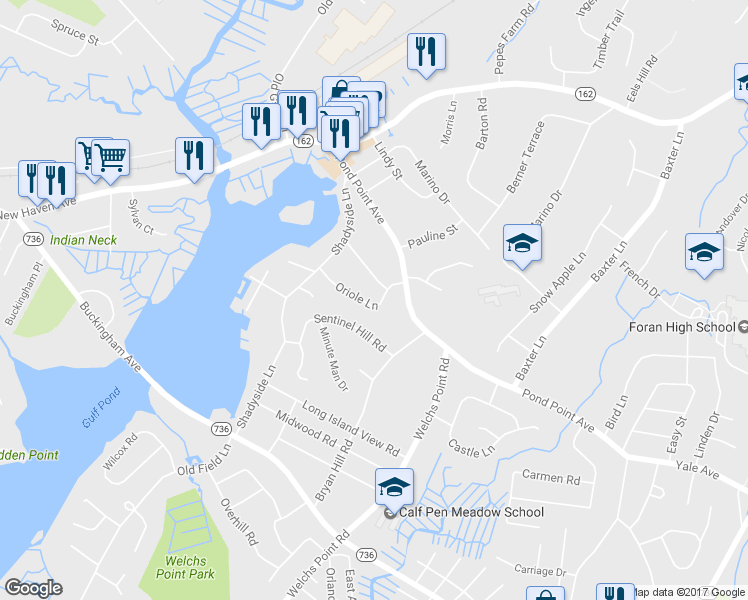 map of restaurants, bars, coffee shops, grocery stores, and more near 36 Oriole Lane in Milford
