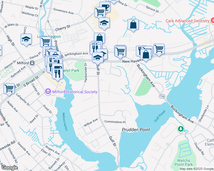 map of restaurants, bars, coffee shops, grocery stores, and more near 12 Bayberry Lane in Milford