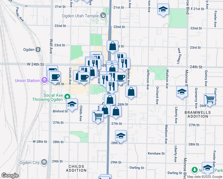 map of restaurants, bars, coffee shops, grocery stores, and more near 2518 Washington Boulevard in Ogden