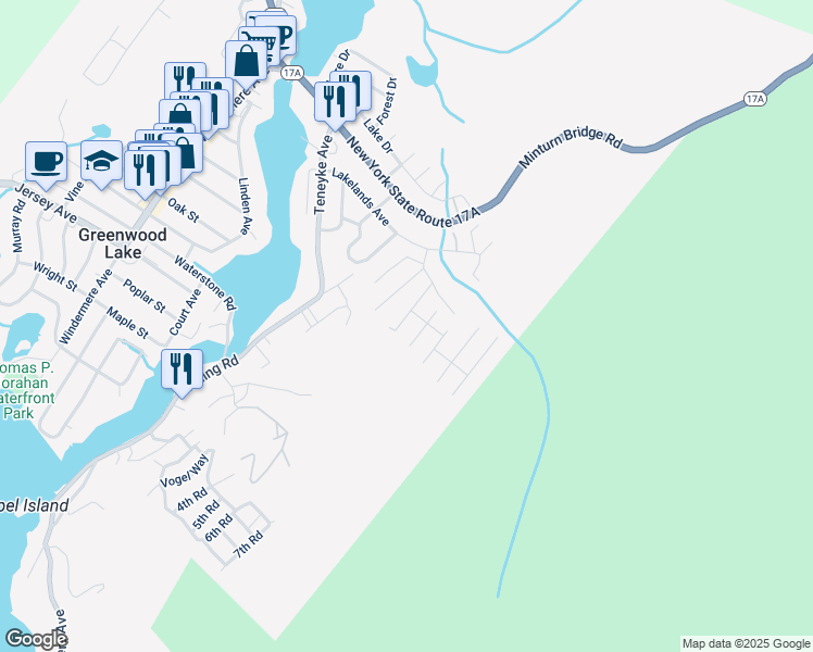 map of restaurants, bars, coffee shops, grocery stores, and more near 4 Cedar Road in Greenwood Lake