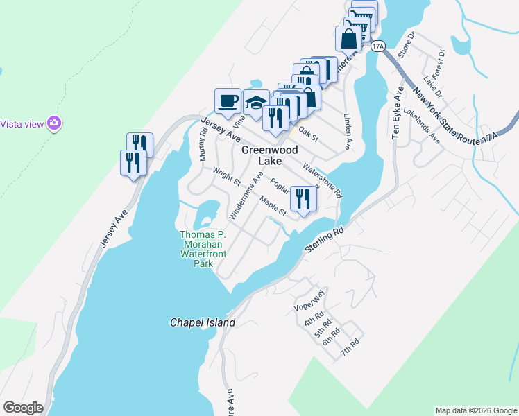 map of restaurants, bars, coffee shops, grocery stores, and more near 3 Myrtle Avenue in Greenwood Lake
