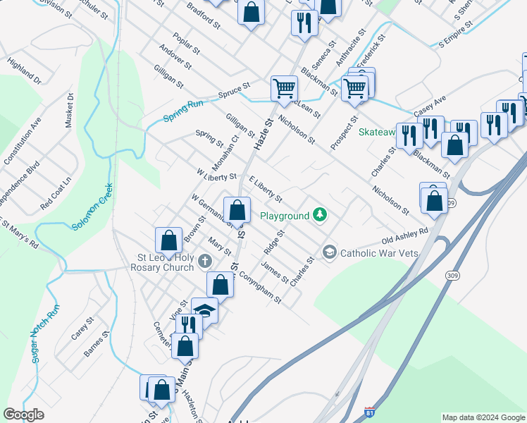 map of restaurants, bars, coffee shops, grocery stores, and more near 34 East Newport Street in Ashley