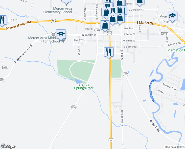 map of restaurants, bars, coffee shops, grocery stores, and more near 419 South Shenango Street in Mercer
