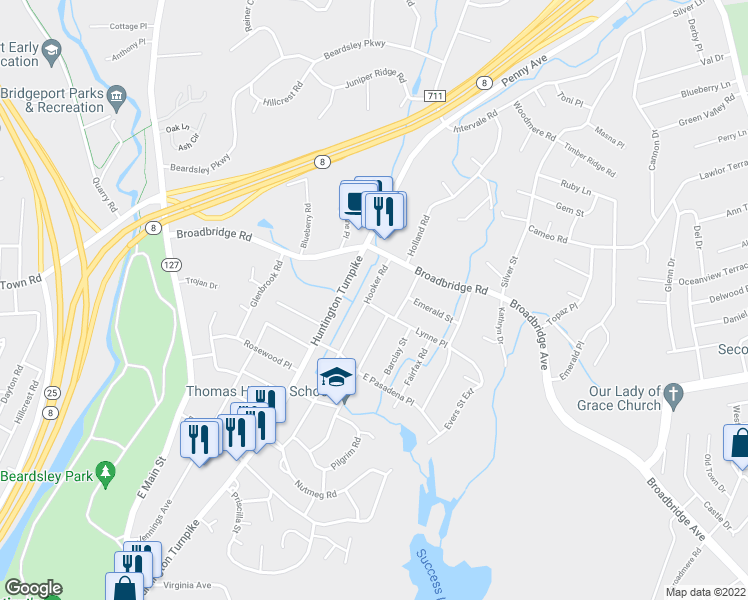 map of restaurants, bars, coffee shops, grocery stores, and more near 410 Hooker Road in Bridgeport