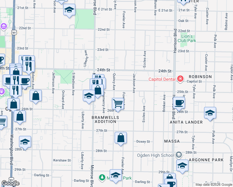 map of restaurants, bars, coffee shops, grocery stores, and more near 2515 Fowler Avenue in Ogden