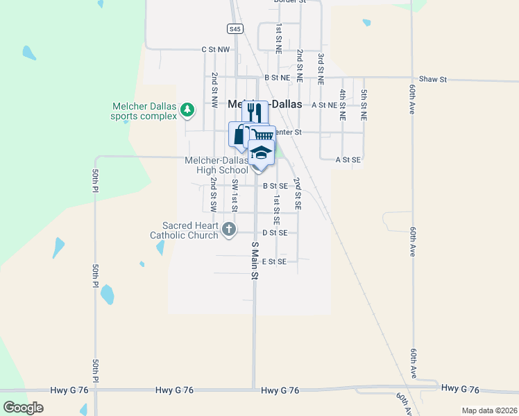 map of restaurants, bars, coffee shops, grocery stores, and more near 314 South Main Street in Melcher-Dallas