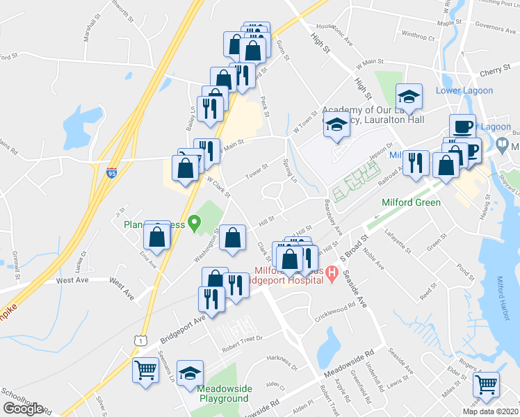 map of restaurants, bars, coffee shops, grocery stores, and more near 40 Victory Crescent in Milford