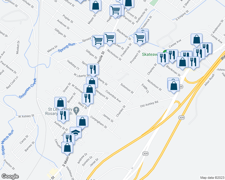 map of restaurants, bars, coffee shops, grocery stores, and more near 299 Ridge Street in Wilkes-Barre