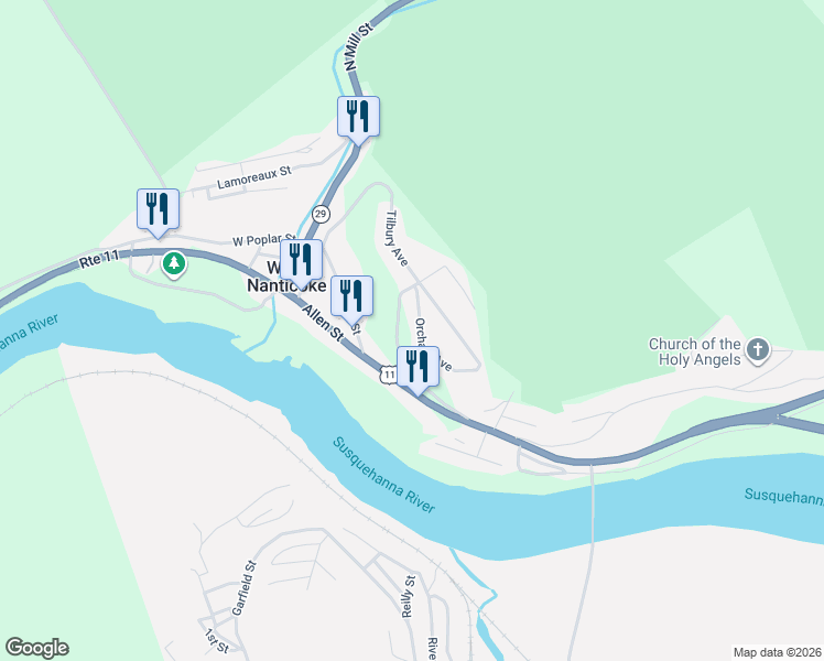 map of restaurants, bars, coffee shops, grocery stores, and more near Tilbury Terrace in Nanticoke