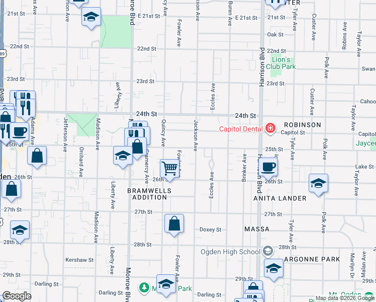 map of restaurants, bars, coffee shops, grocery stores, and more near 2513 Jackson Avenue in Ogden