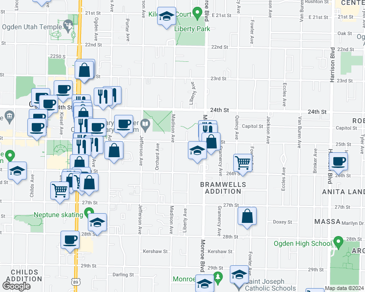 map of restaurants, bars, coffee shops, grocery stores, and more near 2520 Madison Avenue in Ogden