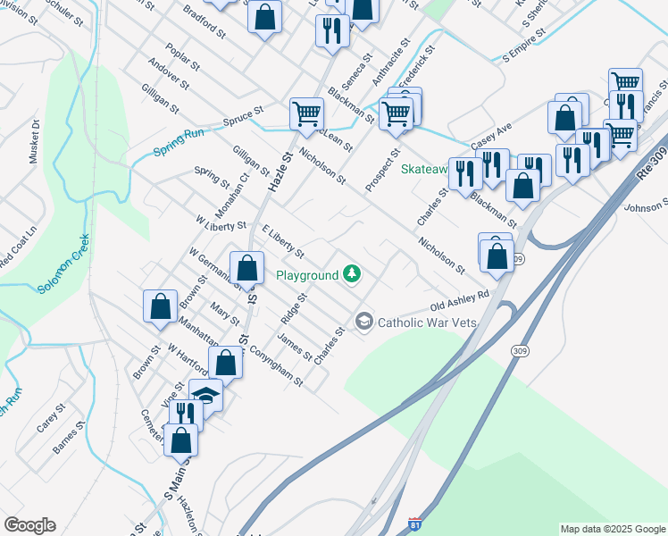 map of restaurants, bars, coffee shops, grocery stores, and more near 112 East Liberty Street in Wilkes-Barre