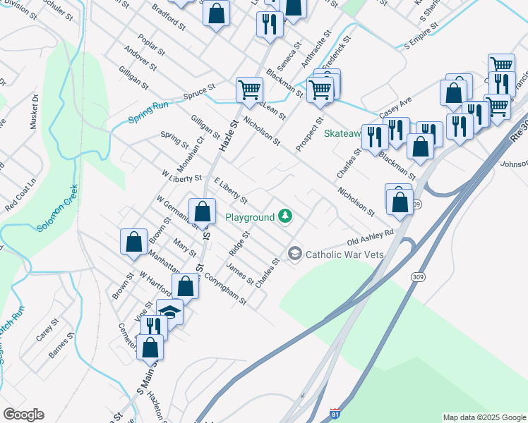 map of restaurants, bars, coffee shops, grocery stores, and more near 112 East Liberty Street in Wilkes-Barre