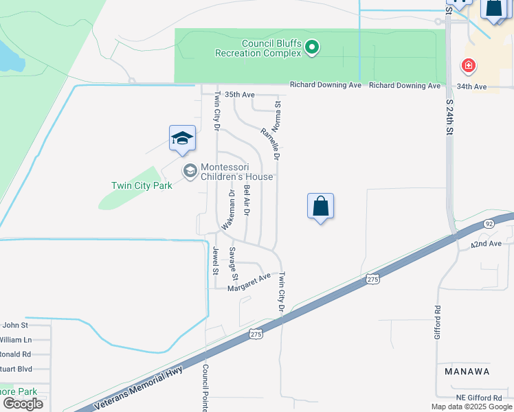 map of restaurants, bars, coffee shops, grocery stores, and more near 4021 Rawlins Drive in Council Bluffs
