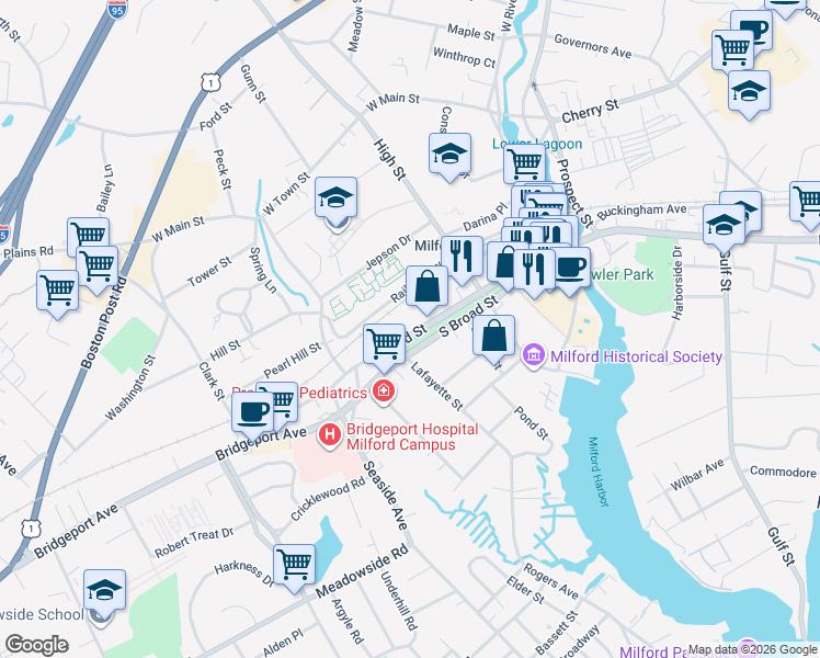 map of restaurants, bars, coffee shops, grocery stores, and more near 185 Broad Street in Milford