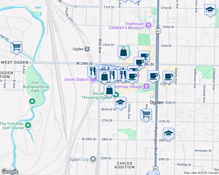 map of restaurants, bars, coffee shops, grocery stores, and more near 2528 South 140 East in Ogden