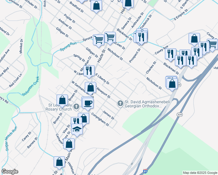 map of restaurants, bars, coffee shops, grocery stores, and more near 299 Ridge Street in Wilkes-Barre