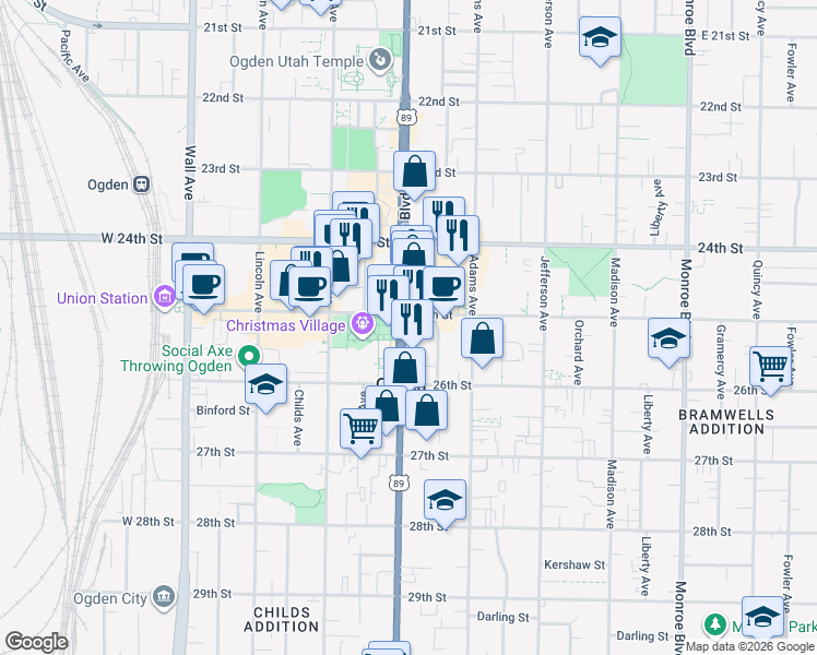 map of restaurants, bars, coffee shops, grocery stores, and more near in Ogden