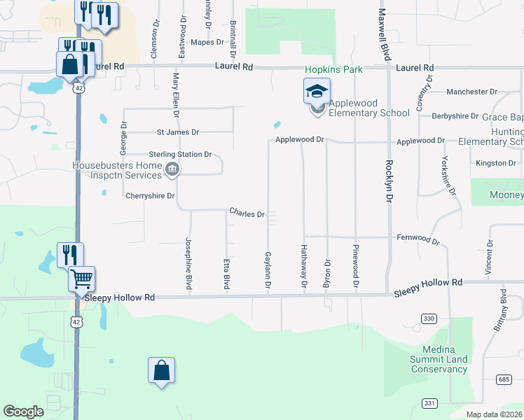 map of restaurants, bars, coffee shops, grocery stores, and more near 2026 Gaylann Drive in Brunswick