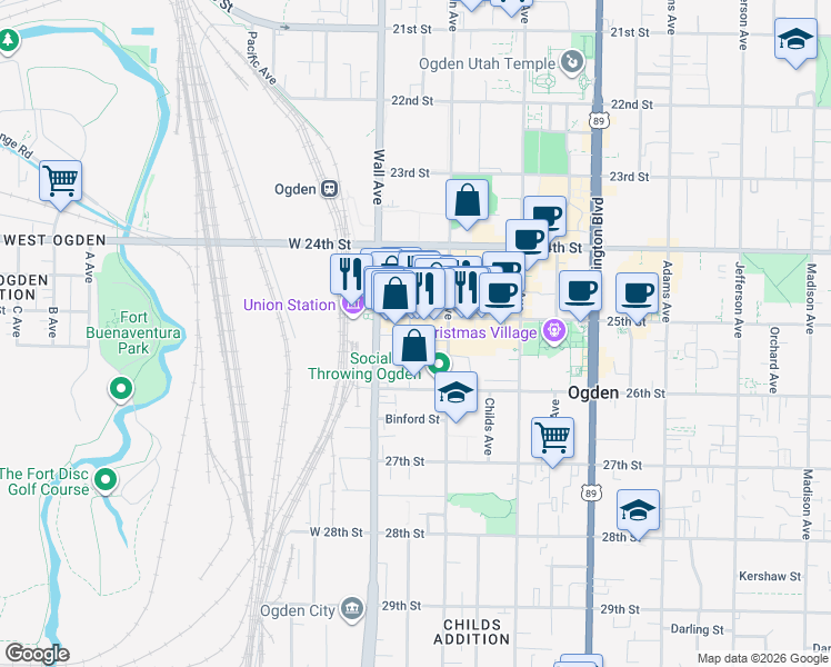 map of restaurants, bars, coffee shops, grocery stores, and more near 2513 South 160 East in Ogden