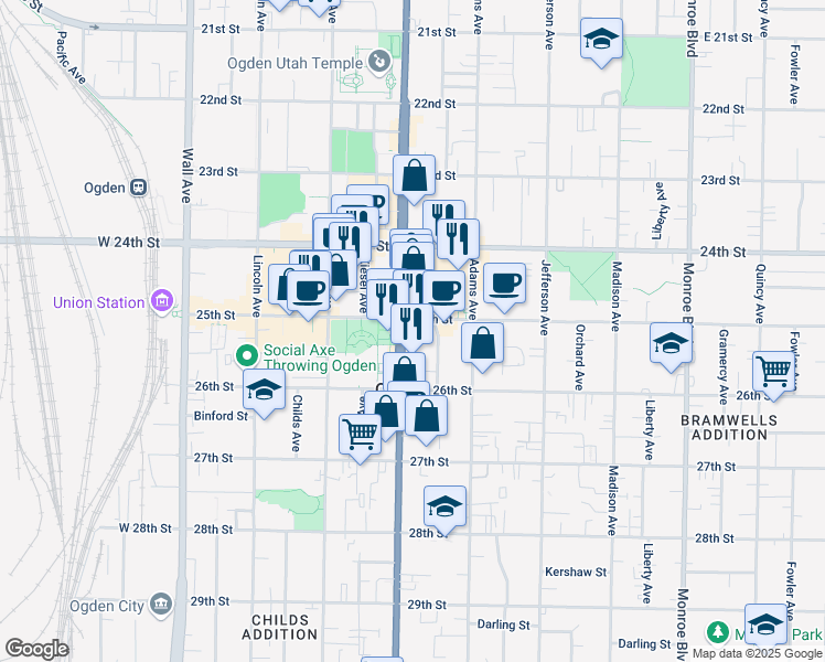map of restaurants, bars, coffee shops, grocery stores, and more near 2510 Washington Boulevard in Ogden