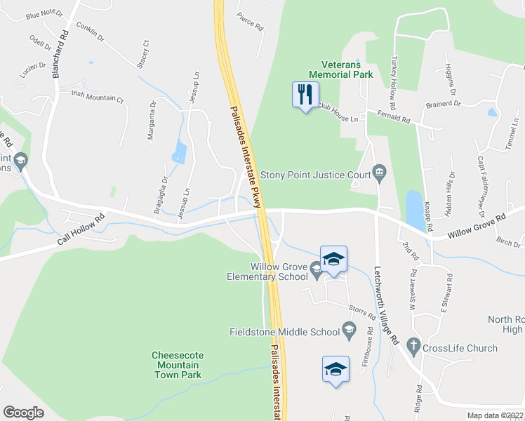 map of restaurants, bars, coffee shops, grocery stores, and more near Gate Hill Coop Road in Stony Point