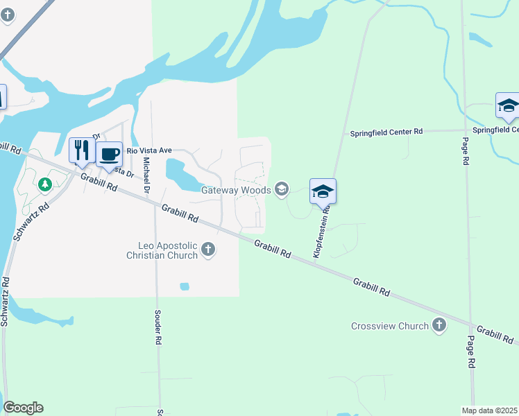map of restaurants, bars, coffee shops, grocery stores, and more near Sunrise Court in Allen County