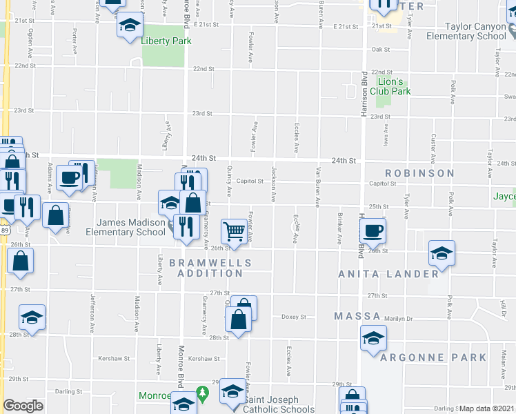 map of restaurants, bars, coffee shops, grocery stores, and more near 2513 Jackson Avenue in Ogden