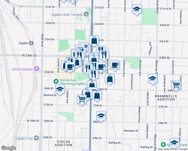map of restaurants, bars, coffee shops, grocery stores, and more near in Ogden
