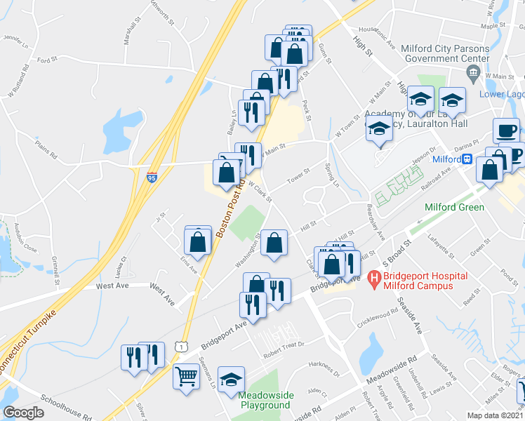 map of restaurants, bars, coffee shops, grocery stores, and more near 35 Washington Street in Milford