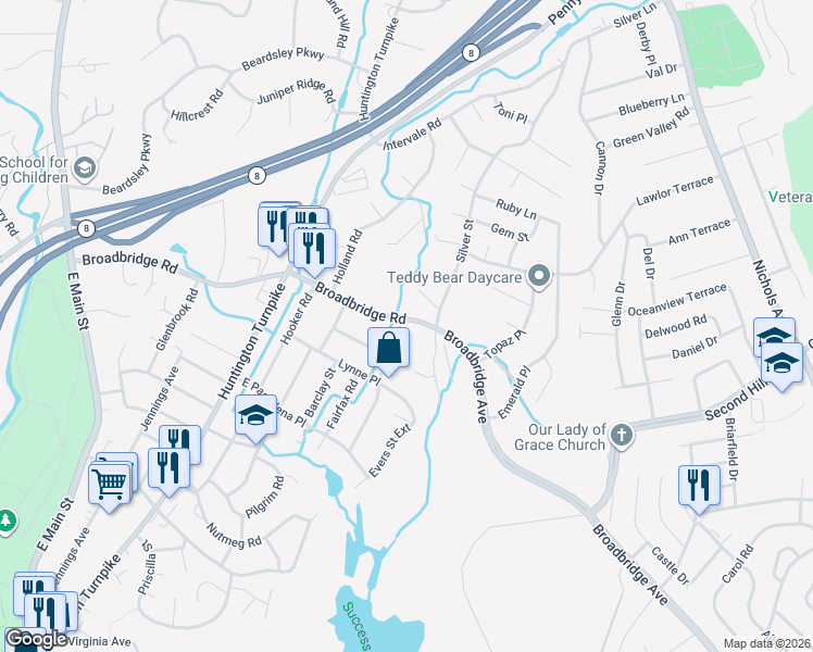 map of restaurants, bars, coffee shops, grocery stores, and more near 270 Greystone Road in Bridgeport