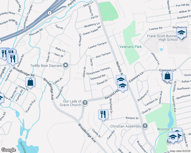 map of restaurants, bars, coffee shops, grocery stores, and more near 75 Delwood Road in Stratford