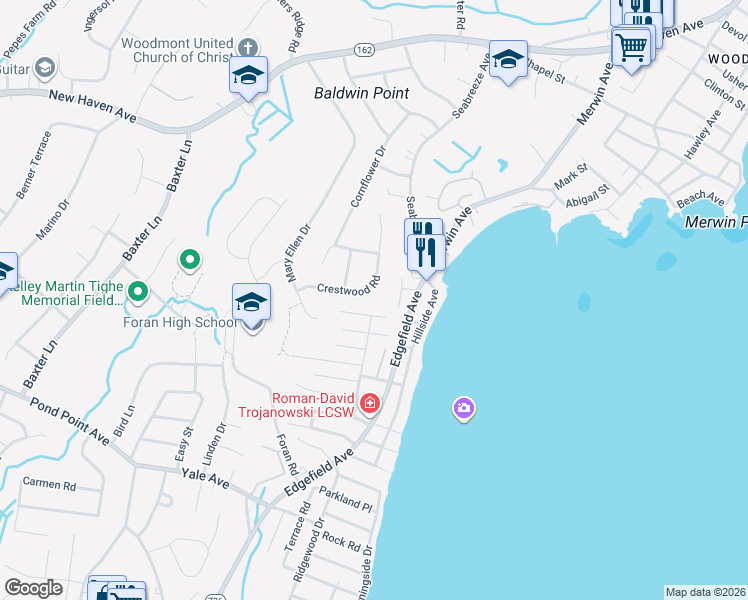 map of restaurants, bars, coffee shops, grocery stores, and more near 55 Soundview Avenue in Milford