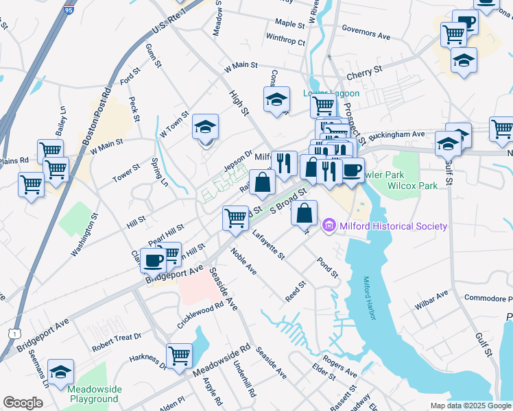 map of restaurants, bars, coffee shops, grocery stores, and more near 185 Broad Street in Milford
