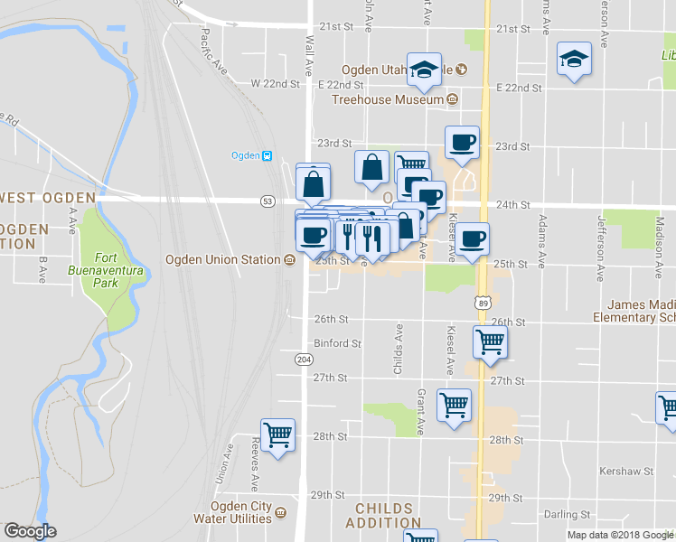 map of restaurants, bars, coffee shops, grocery stores, and more near 2507 South 160 East in Ogden