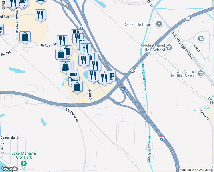 map of restaurants, bars, coffee shops, grocery stores, and more near 3825 Denmark Drive in Council Bluffs