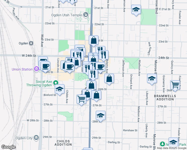 map of restaurants, bars, coffee shops, grocery stores, and more near in Ogden