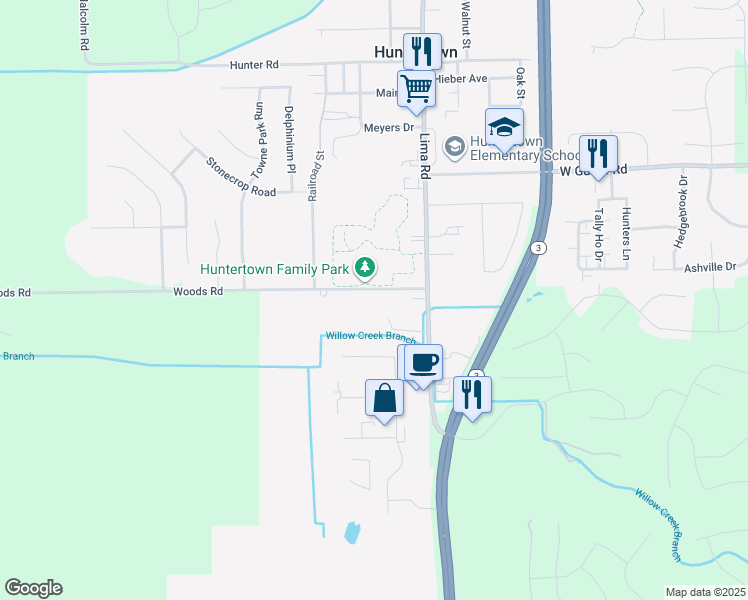 map of restaurants, bars, coffee shops, grocery stores, and more near 2229 Woods Road in Fort Wayne