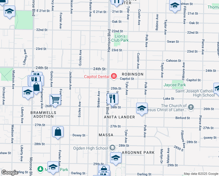 map of restaurants, bars, coffee shops, grocery stores, and more near 2578 South Harrison Boulevard in Ogden