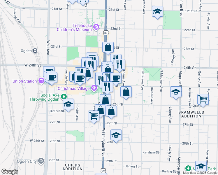 map of restaurants, bars, coffee shops, grocery stores, and more near 2510 Washington Boulevard in Ogden