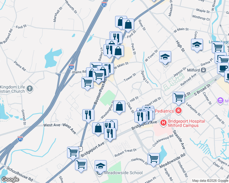 map of restaurants, bars, coffee shops, grocery stores, and more near 15 Washington Street in Milford