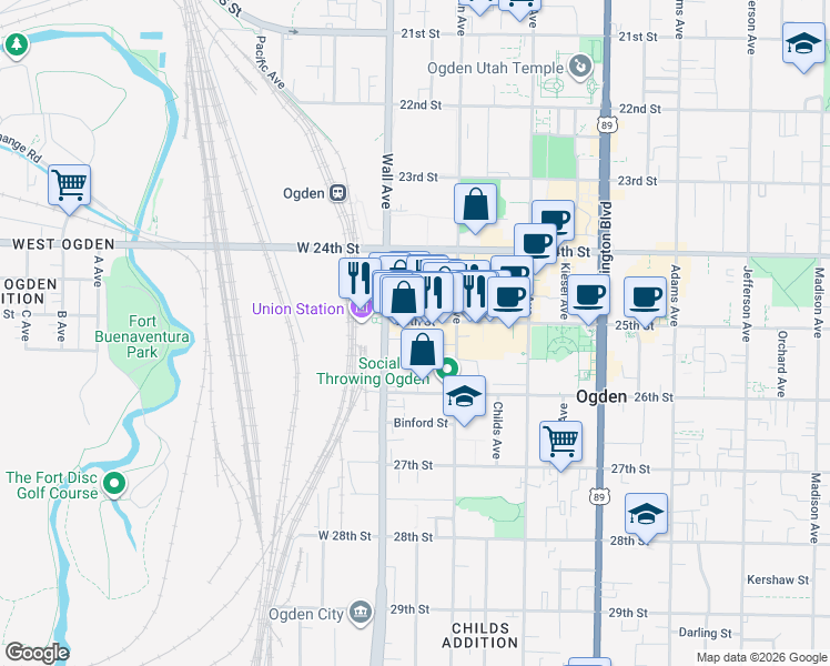 map of restaurants, bars, coffee shops, grocery stores, and more near 2528 South 140 East in Ogden