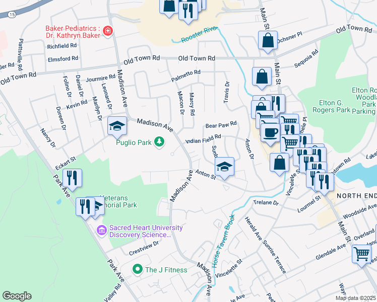 map of restaurants, bars, coffee shops, grocery stores, and more near 3430 Madison Avenue in Bridgeport