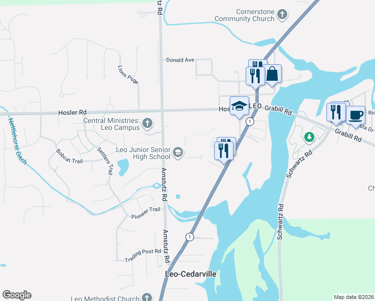 map of restaurants, bars, coffee shops, grocery stores, and more near 14616 Amstutz Road in Leo-Cedarville