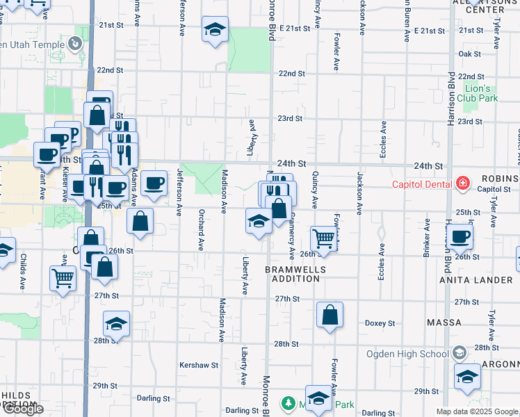 map of restaurants, bars, coffee shops, grocery stores, and more near 781 25th Street in Ogden