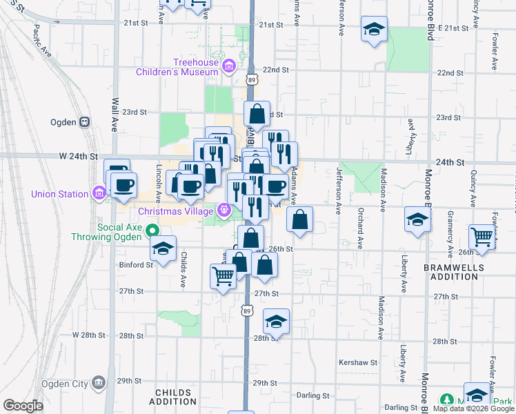 map of restaurants, bars, coffee shops, grocery stores, and more near in Ogden