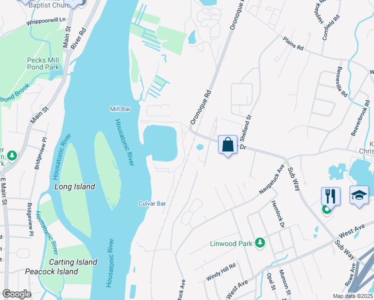 map of restaurants, bars, coffee shops, grocery stores, and more near 1235 Windward Road in Milford