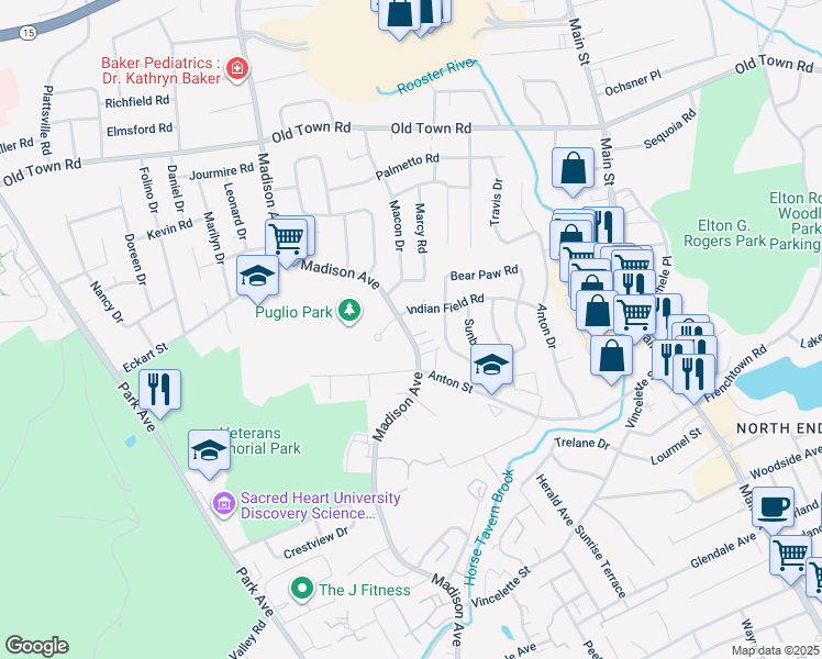 map of restaurants, bars, coffee shops, grocery stores, and more near 3388 Madison Avenue in Bridgeport