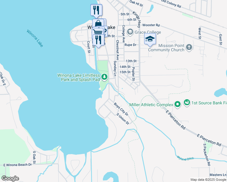 map of restaurants, bars, coffee shops, grocery stores, and more near 1600-1702 Chestnut Ave in Winona Lake