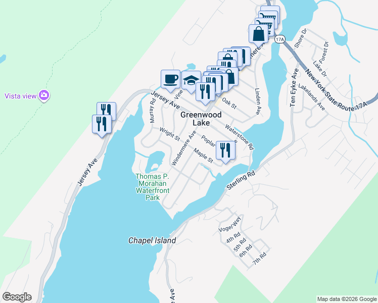 map of restaurants, bars, coffee shops, grocery stores, and more near 2 Myrtle Avenue in Greenwood Lake